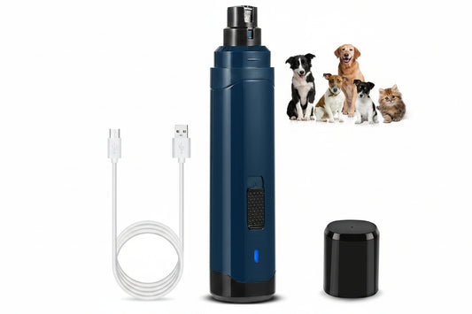 Blue electronic device with USB cable and small black device, featuring images of dogs and a cat on a white background.