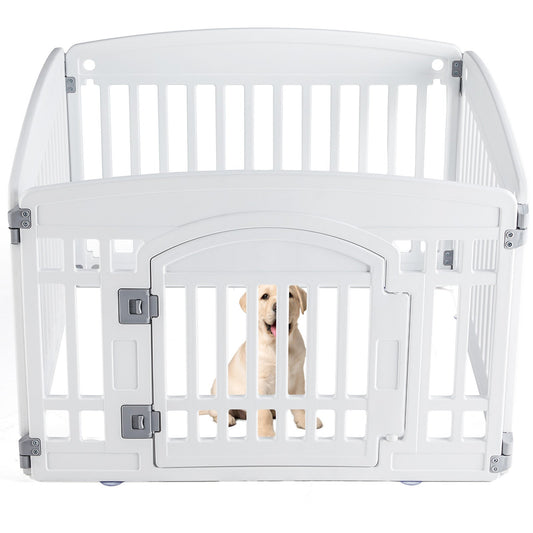 White pet playpen with a puppy inside on a white background